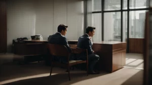 a distressed person comfortingly discusses their situation with a professional lawyer in a serene office setting.