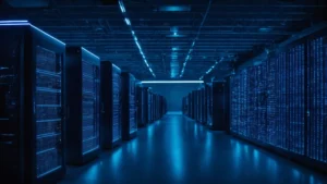 a massive data center with rows of servers emitting blue lights, symbolizing advanced technology in data management.