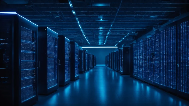 a massive data center with rows of servers emitting blue lights, symbolizing advanced technology in data management.