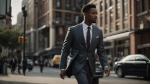 a man strides through an urban setting, wearing a fitted but relaxed suit, exuding confidence without the stiffness of traditional business attire.
