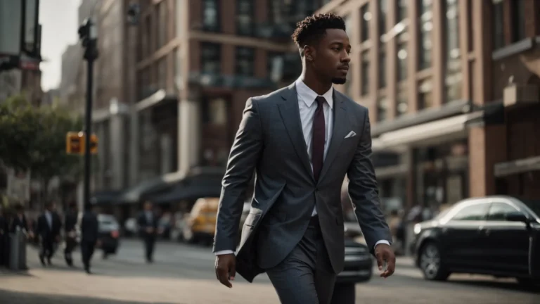 a man strides through an urban setting, wearing a fitted but relaxed suit, exuding confidence without the stiffness of traditional business attire.