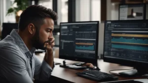a small business owner reviews charts on a computer screen displaying growth statistics after implementing erp solutions.