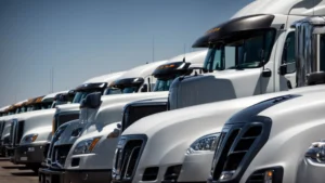 a row of shiny new trucks parked at a dealership, awaiting buyers.