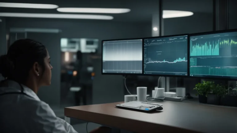 a doctor interacts with an ai-powered computer interface, displaying patient data, in a modern hospital room.
