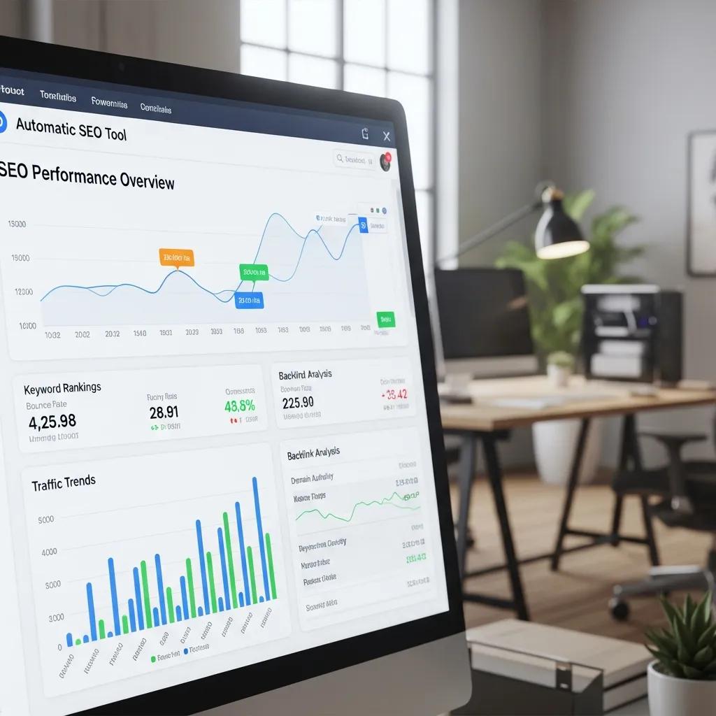 Computer screen displaying automated SEO tool interface with performance metrics