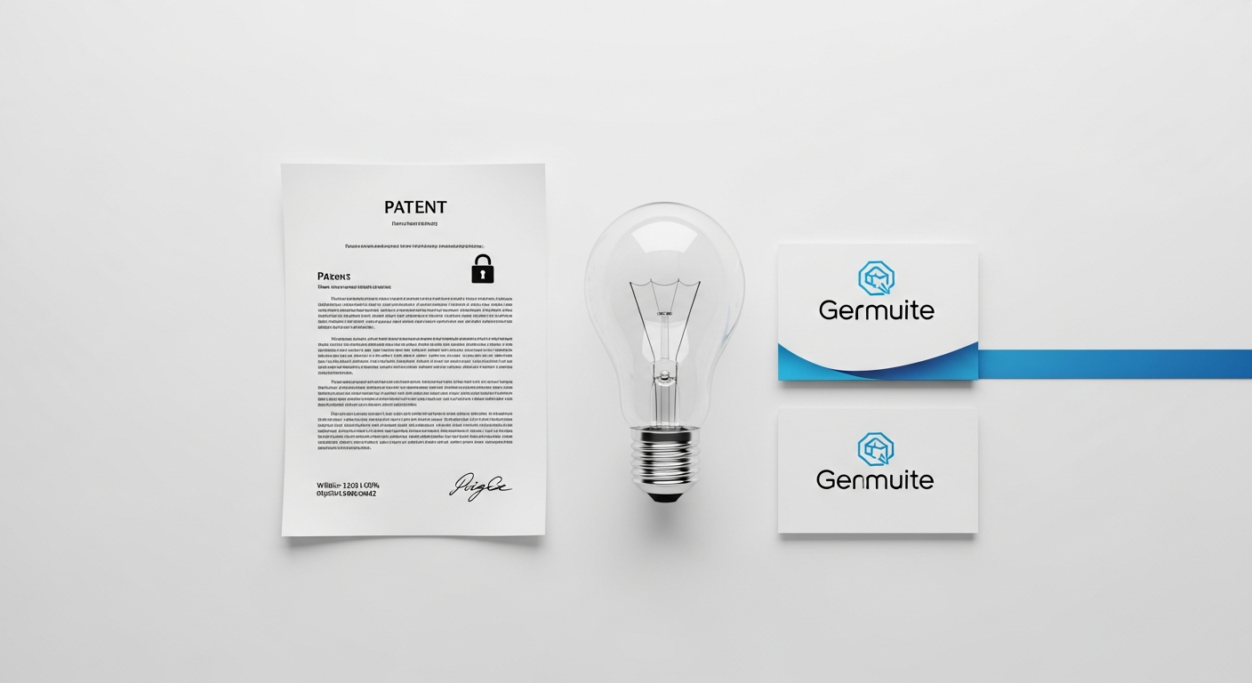 Visual representation of intellectual property symbols including a trademark logo, copyright symbol, and patent icon, illustrating protection for small business innovations.