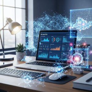 Modern workspace with laptop showing SEO analytics and AI technology elements