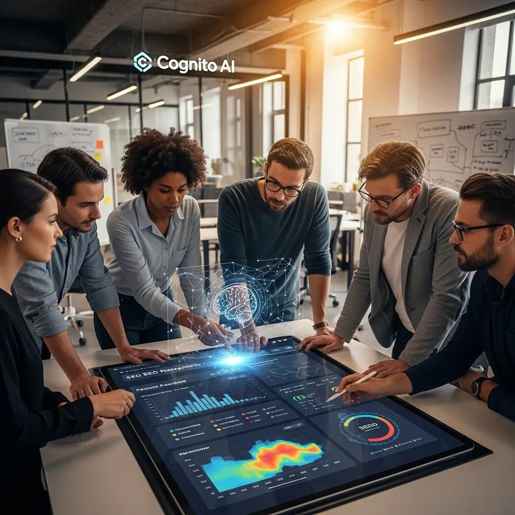 Team collaborating on AI-driven SEO strategies with digital tablet