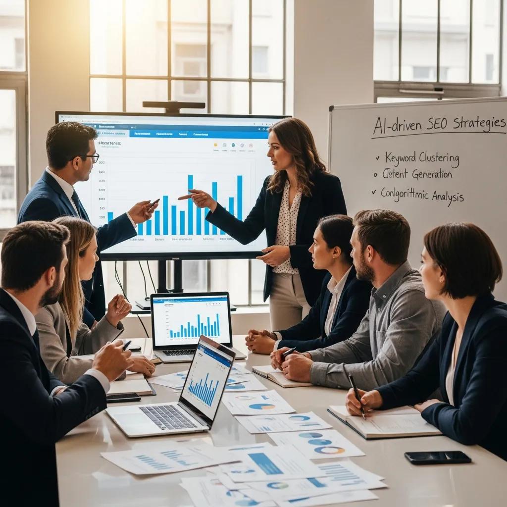 Business professionals collaborating on AI-driven SEO strategies for growth