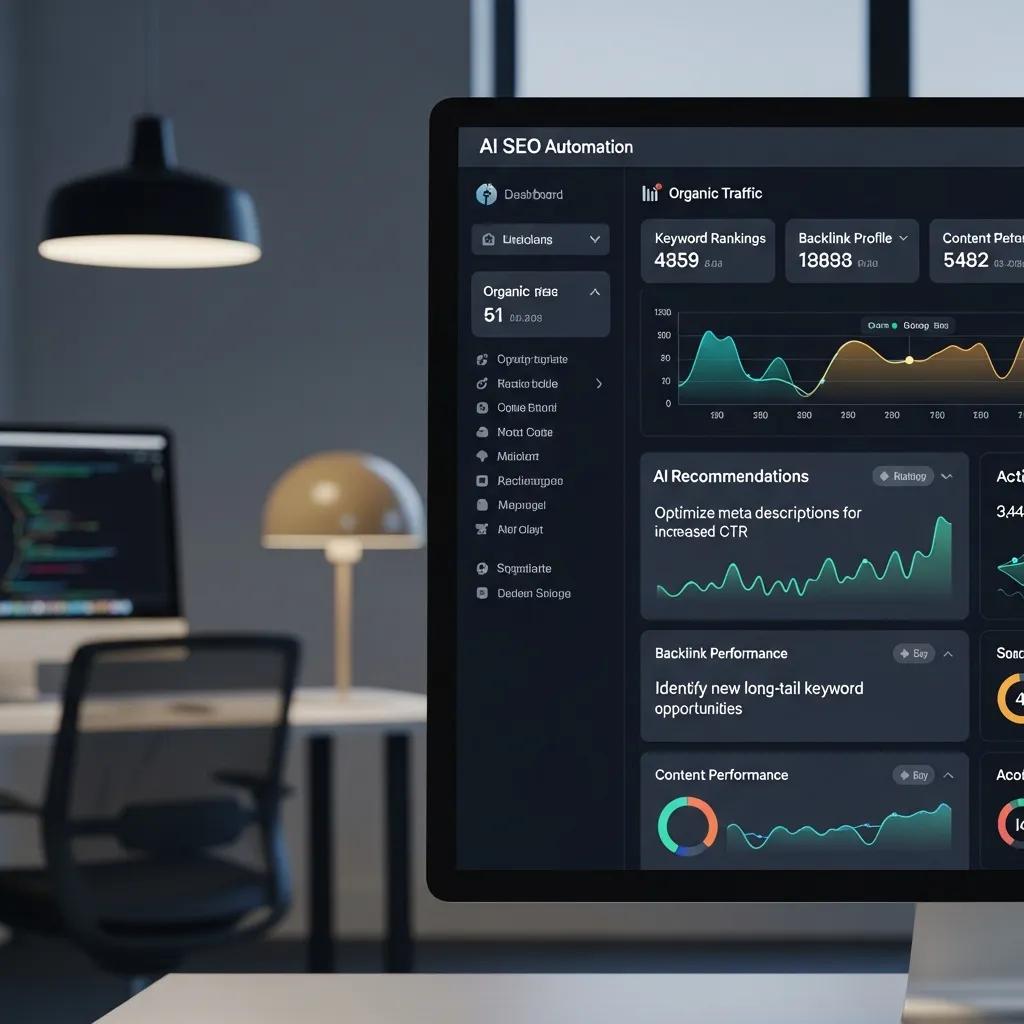 Computer screen showing AI SEO automation dashboard with performance metrics