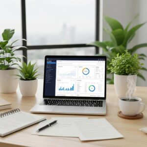 Modern workspace with a laptop showcasing AI SEO tools and analytics