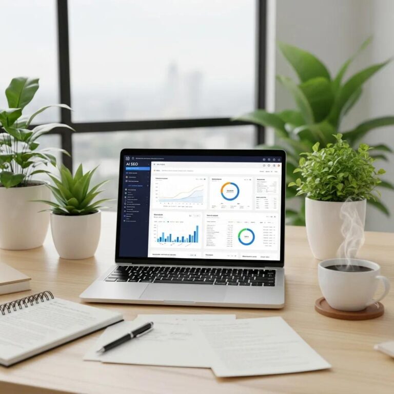Modern workspace with a laptop showcasing AI SEO tools and analytics